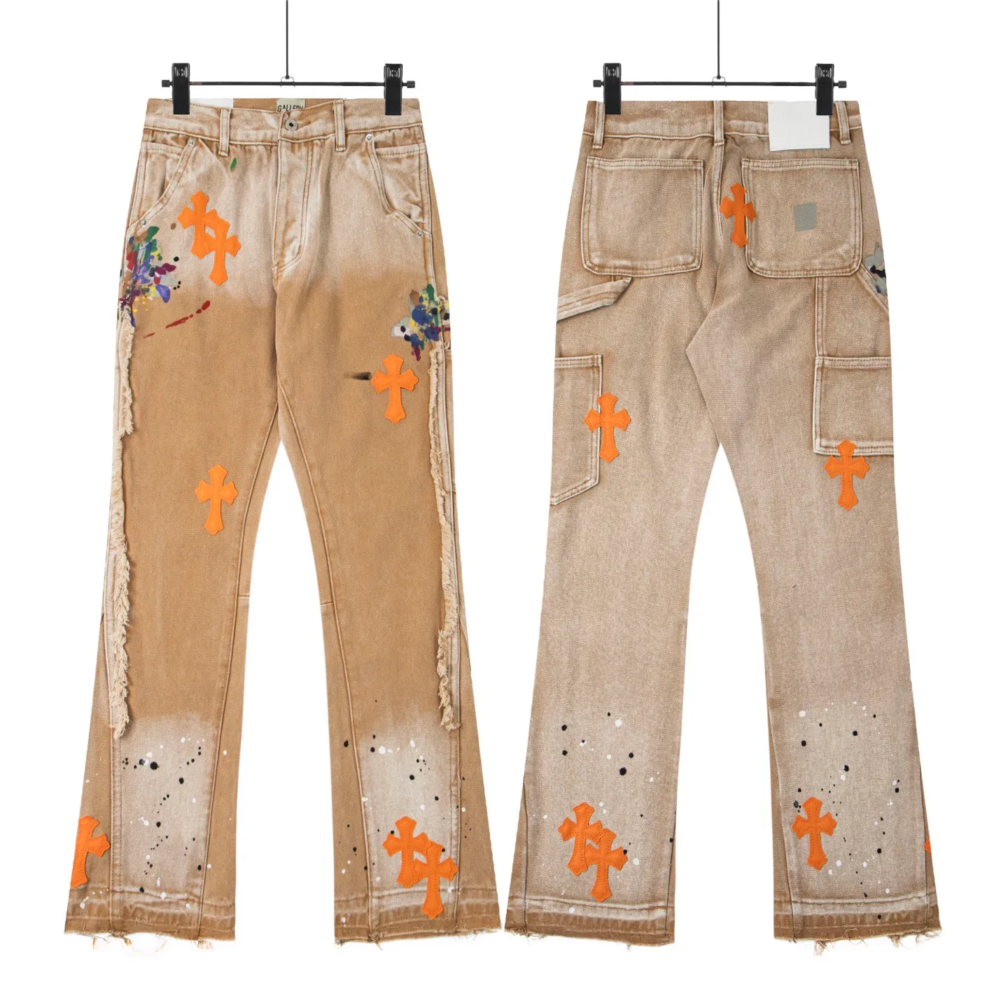 #8200 P260💰 Independent GALLERY DEPT. Vintage splash-ink splicing khaki orange cross loose washed flared jeans - truly restore the ultimate vintage texture - original hardware accessories washed and other elevators, QR code analysis are all purchased from the original factory, high degree of restoration, you are welcome to compare with certain products ~ - three-dimensional version Loose and comfortable, not picky about the figure, tall and slim, factory Seiko, original quality control, same style for men and women, can be matched with couples, versatile recommendation Essential jeans for all seasons - sizes: 28 30 32 34 36